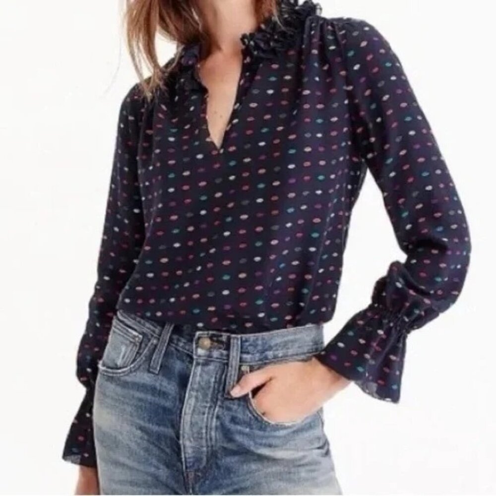 J.Crew Ruffle-Neck Silk Top in Lips Print size 8 Tall Navy Blue 100% Silk